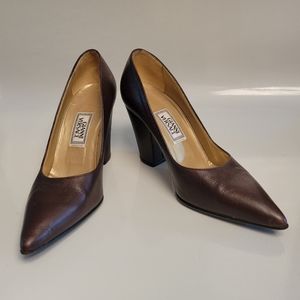 Vintage Gianni Versace Block Brown Leather Medusa Head Heels EU 35.5 35 5.5